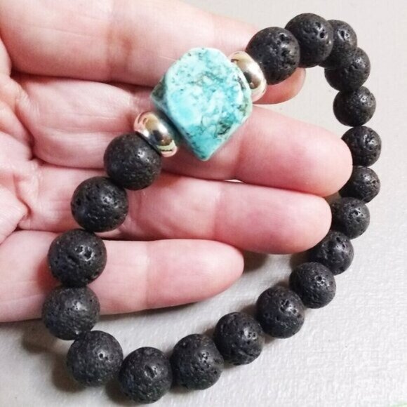 Turquoise Howlite & Black Lava Rock Bracelet! Thick, Solid & Chunky Stone Beads - Picture 2 of 10